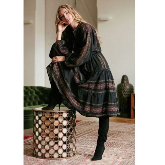 Anthropologie Mes Demoiselles Montserrat Dress Embroidered Puff Sleeves Midi NWT - Picture 5 of 15